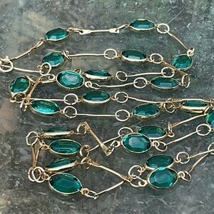 Vintage Station Bar Link 42” Necklace Gold Bezel SettingEmerald  Green Stones